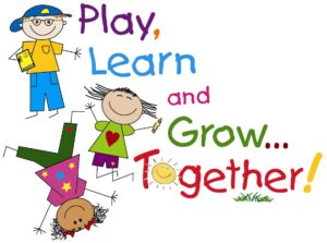 play learn and grow together, with 3 kids reading, jumping, and having fun